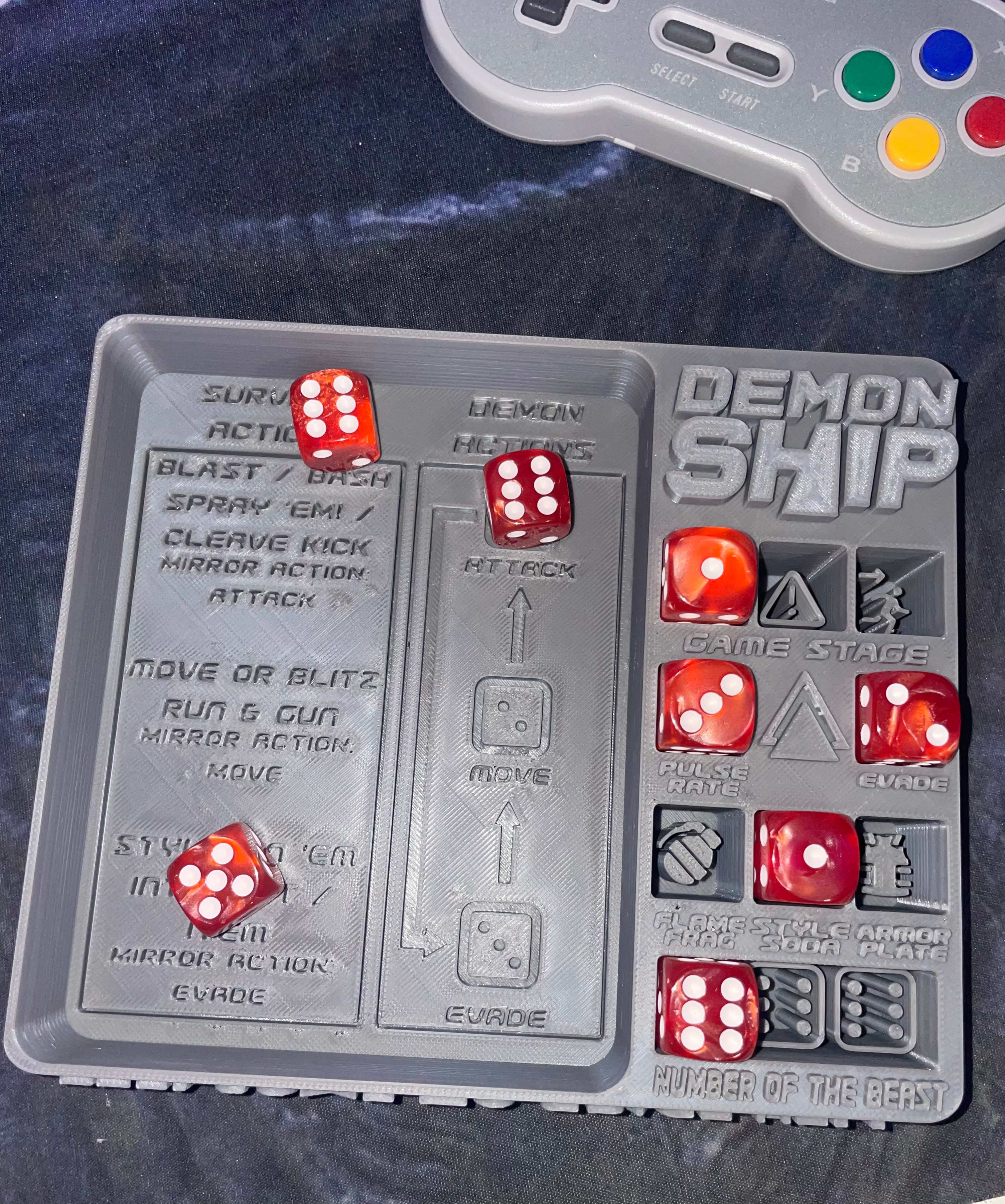 Demon Ship game dashboard and dice rolling tray