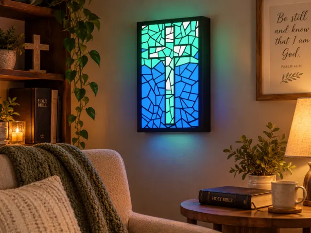 Stained Glass Cross Light Box | Christian LED Wall Art | Multicolor