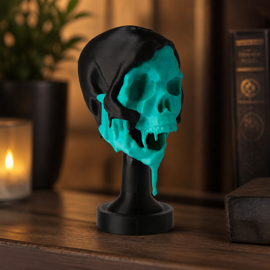 Melting Skull Sculpture - Gothic Horror Decor on Stand