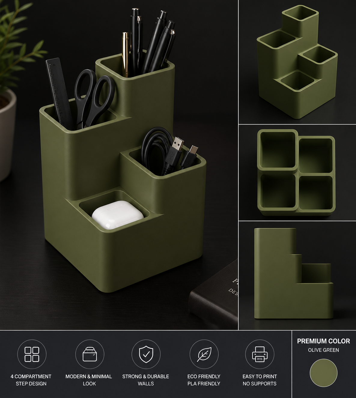 Modular Desk Organizer – 4 Compartment Storage Rack (STL)
