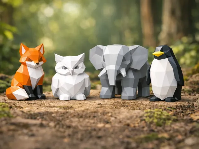Low Poly Animal Set – Fox, Owl, Elephant & Penguin | Easy 3D Print