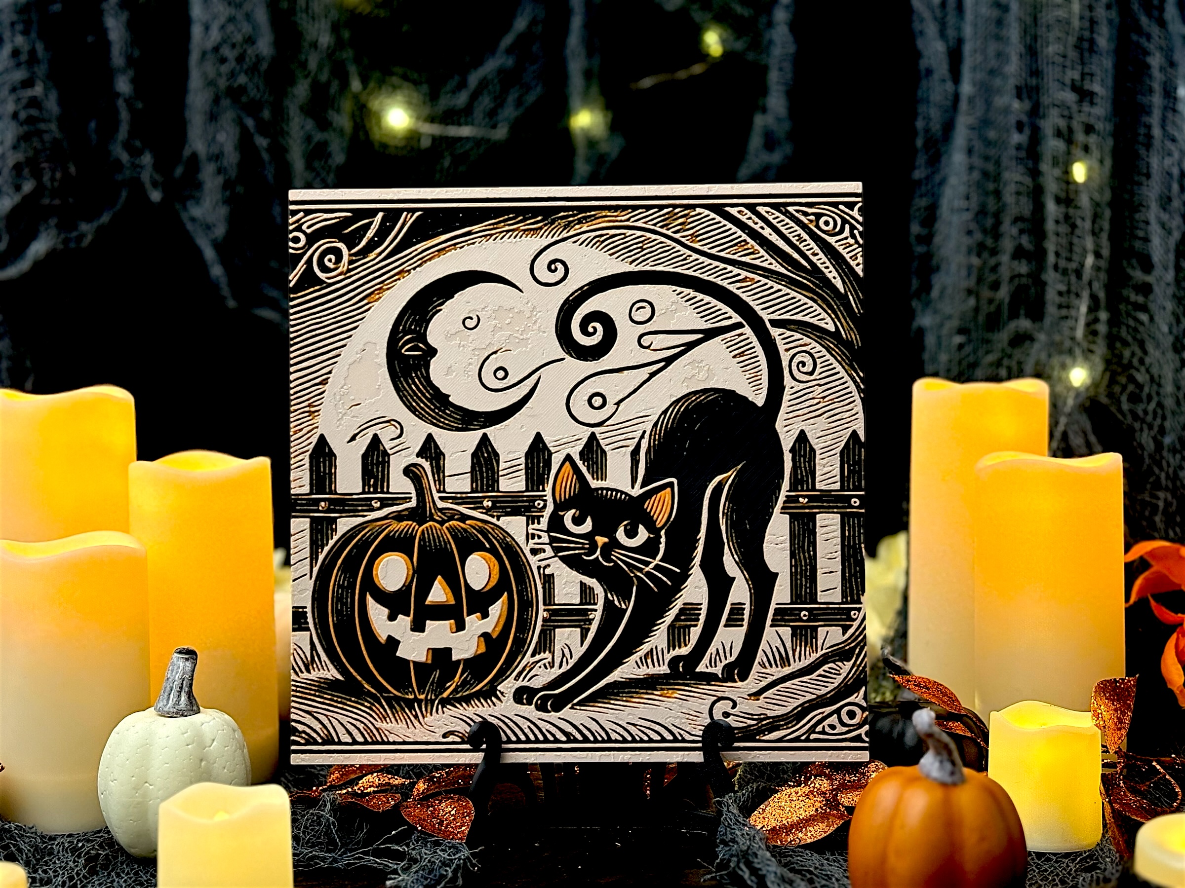 "Moonlit Mischief" – Black Cat 1 - Vintage Halloween Hueforge Art Print