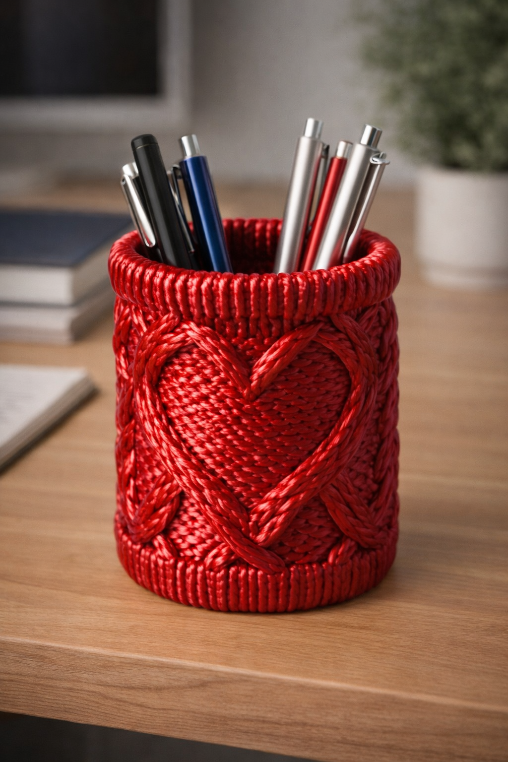 Knitted Style Pen Holder with Heart Pattern