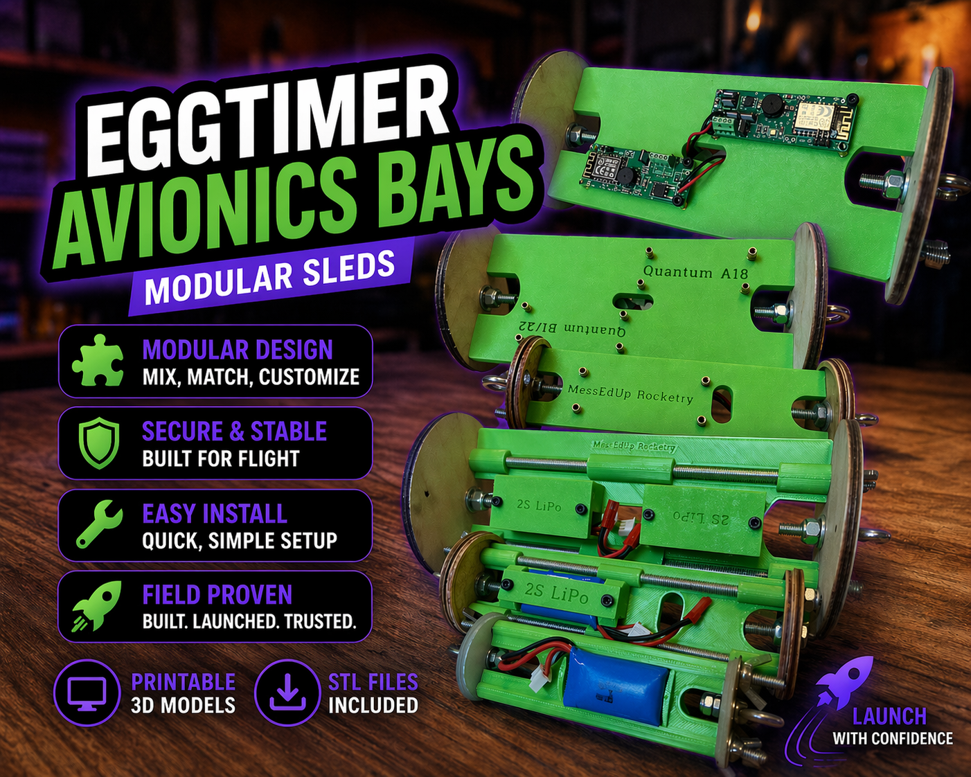 Eggtimer Quantum Avionics Bays (1.59", 2.26", 4") – Modular 2S LiPo Sled System