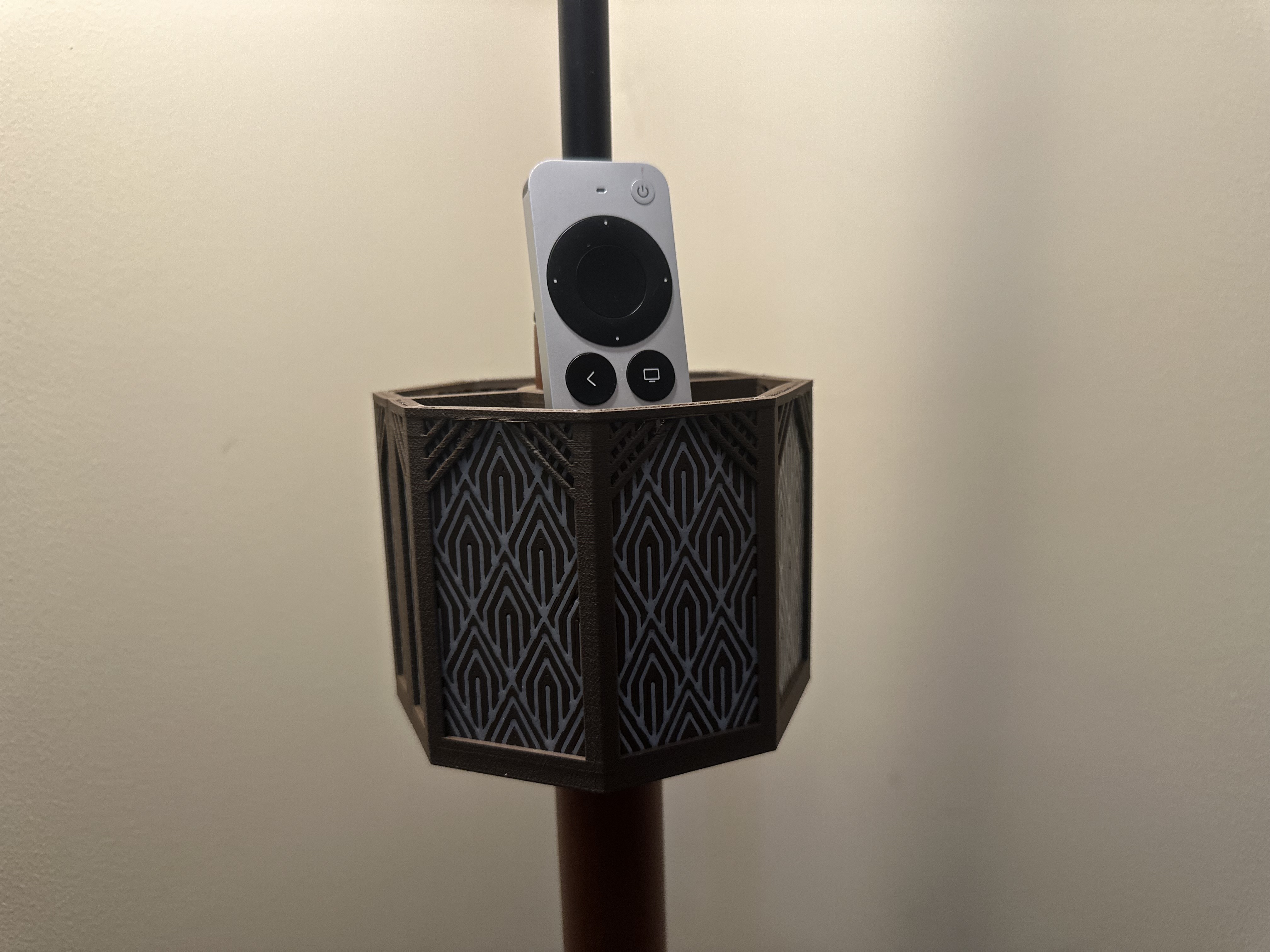 Customizable art deco remote control/phone holder for floor lamp stem