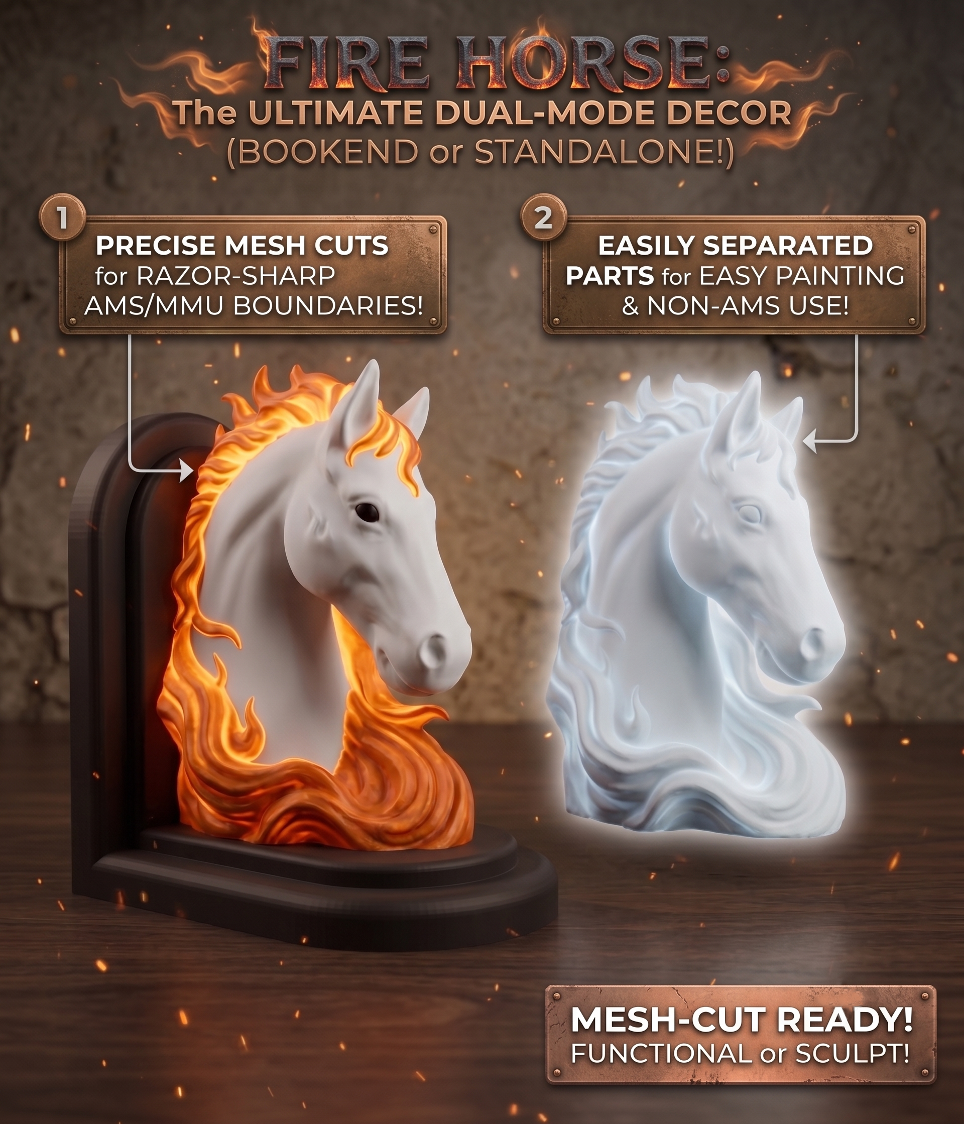 Fire Mane Horse Sculpt & Bookend (AMS Ready / Split Parts)