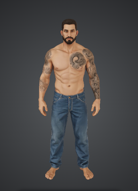 Realistic Tattooed Male Figure – Shirtless Modern Character in Jeans