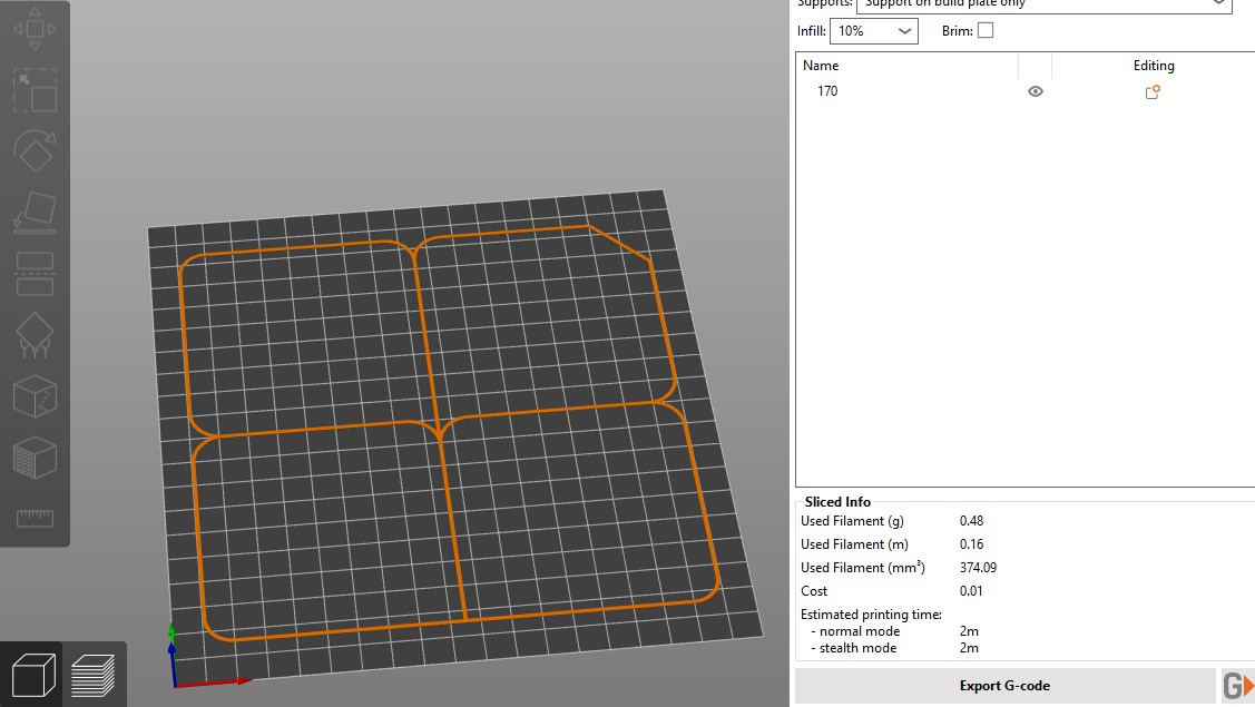 Bedleveling (170mm needs 2 min. and 0.46gr. Filament)