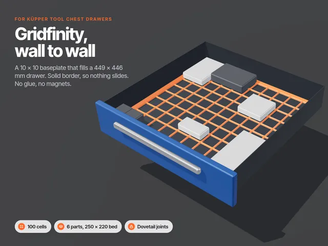Gridfinity Baseplate for Küpper Drawers (449 × 446 mm)