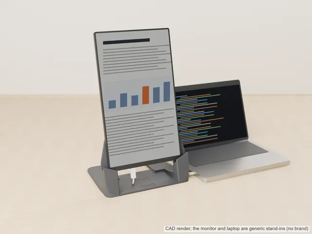 Portable Monitor Portrait Stand – Holds Only the Corners, Plug Hangs Free, Bare or Cover-On (13–16 in)