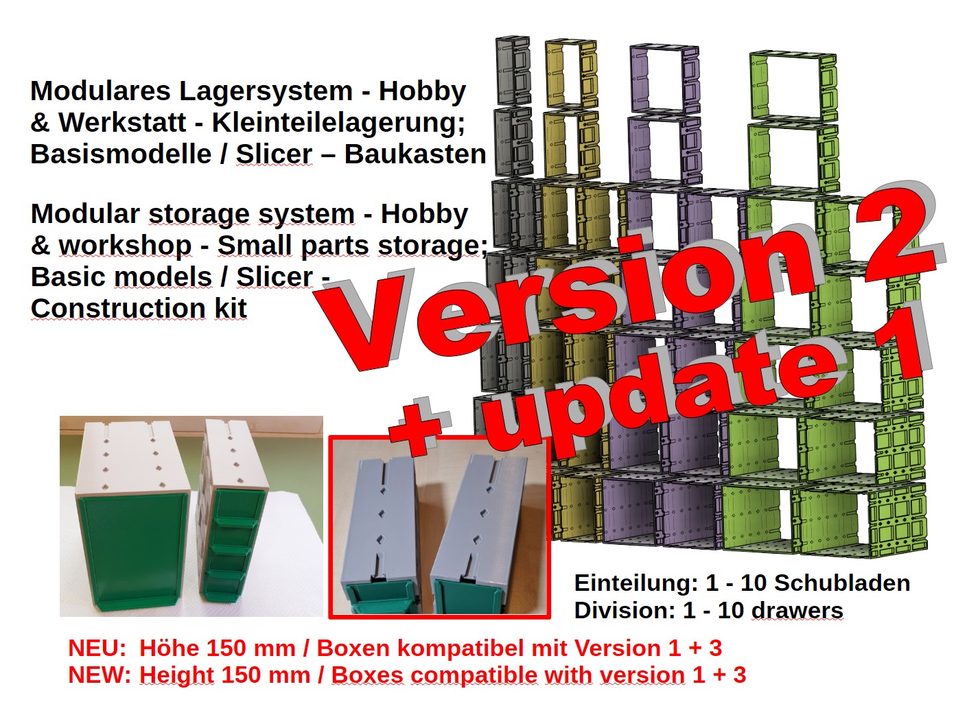 Version 2 - Modulares Lagersystem - Hobby & Werkstatt - Kleinteilelagerung; Basismodelle / Slicer - Baukasten // Modular storage system - Hobby & workshop - Small parts storage; Basic models / Slicer - Construction kit