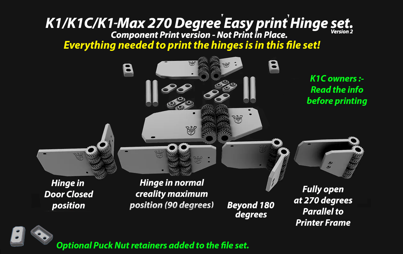 270 Degree Geared Hinges (V2) for K1/K1 Max/K1C. Easy print option. Not print in place. 3D model thumbnail