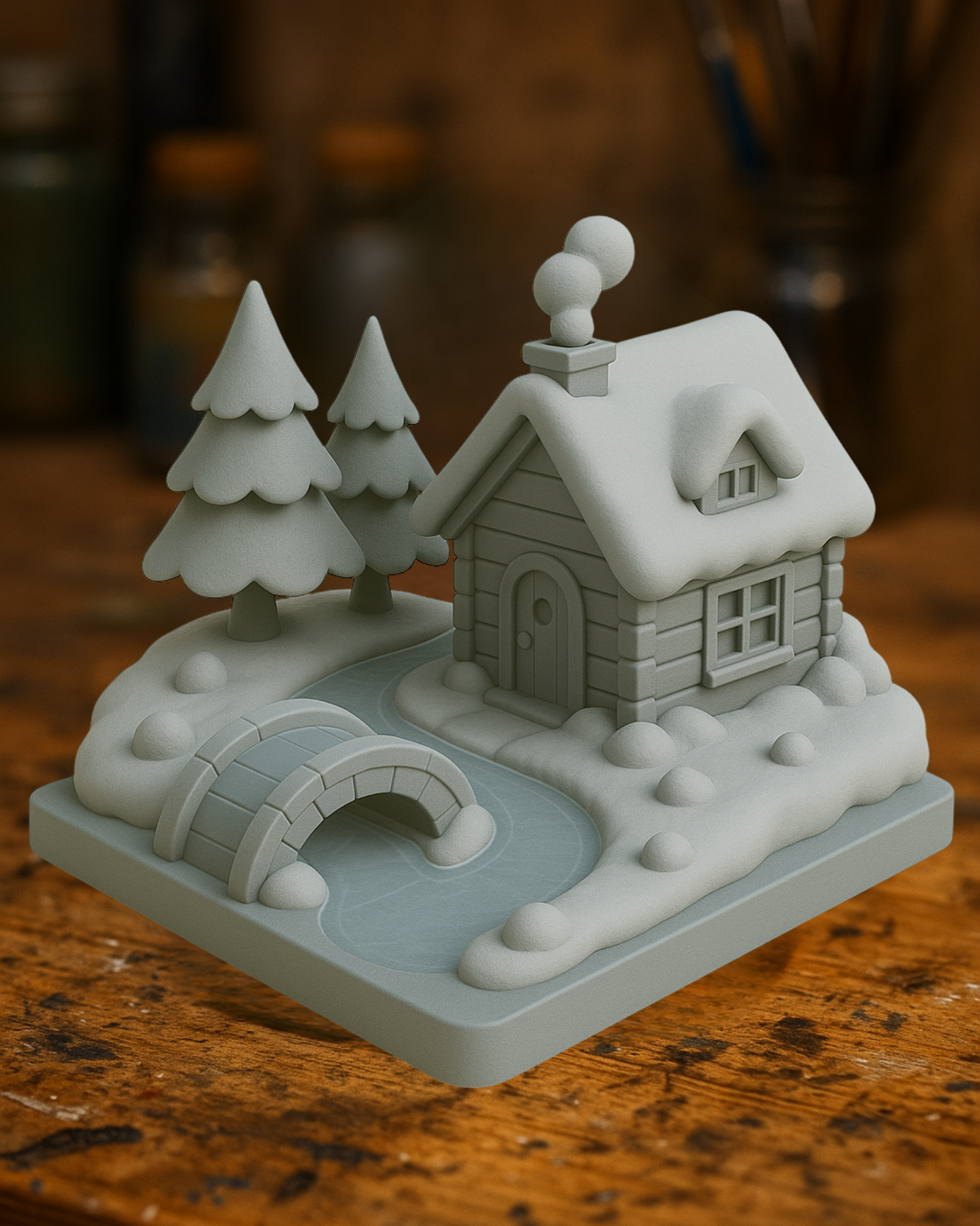 Winter Cabin Diorama – Snowy House Scene with Bridge