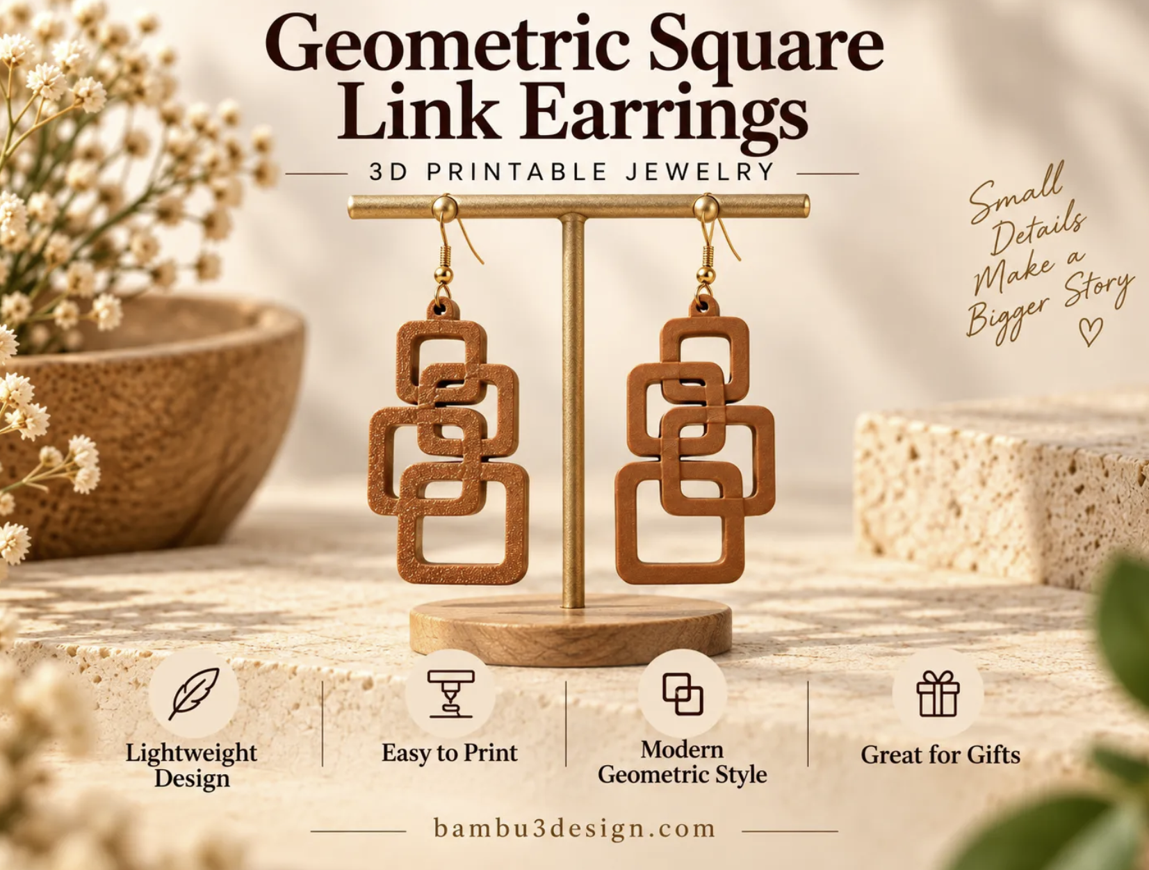 Geometric Square Link Earrings – 3D Printable Jewelry