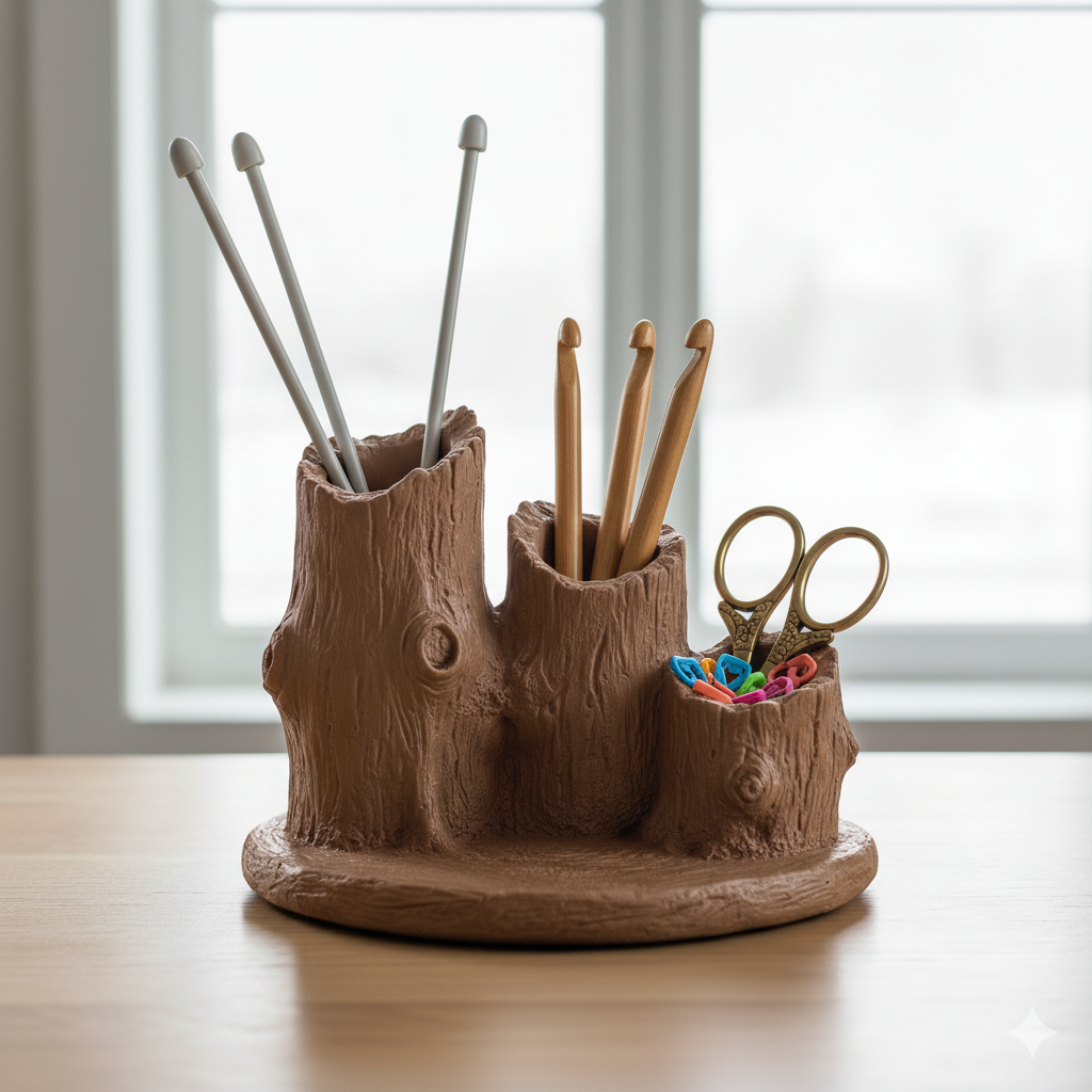 Rustic Tree Stump Desk Organizer – Woodland Nature Knitting tools Holder