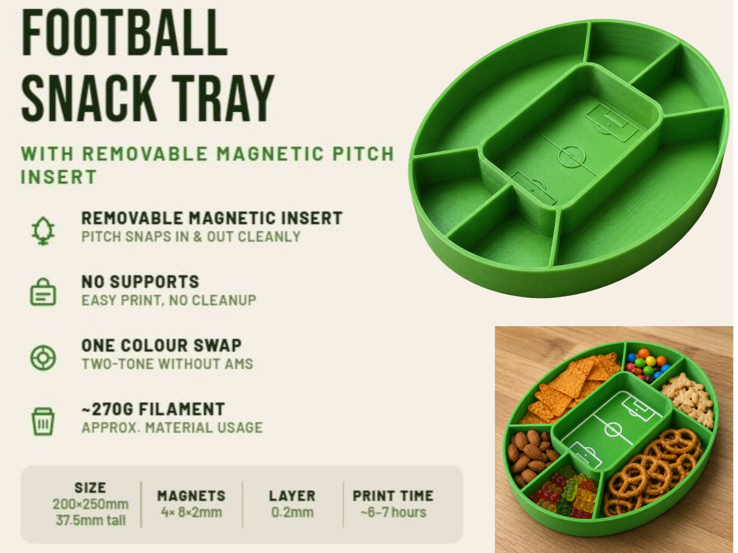 Football Snack Tray with Removable Magnetic Pitch Insert