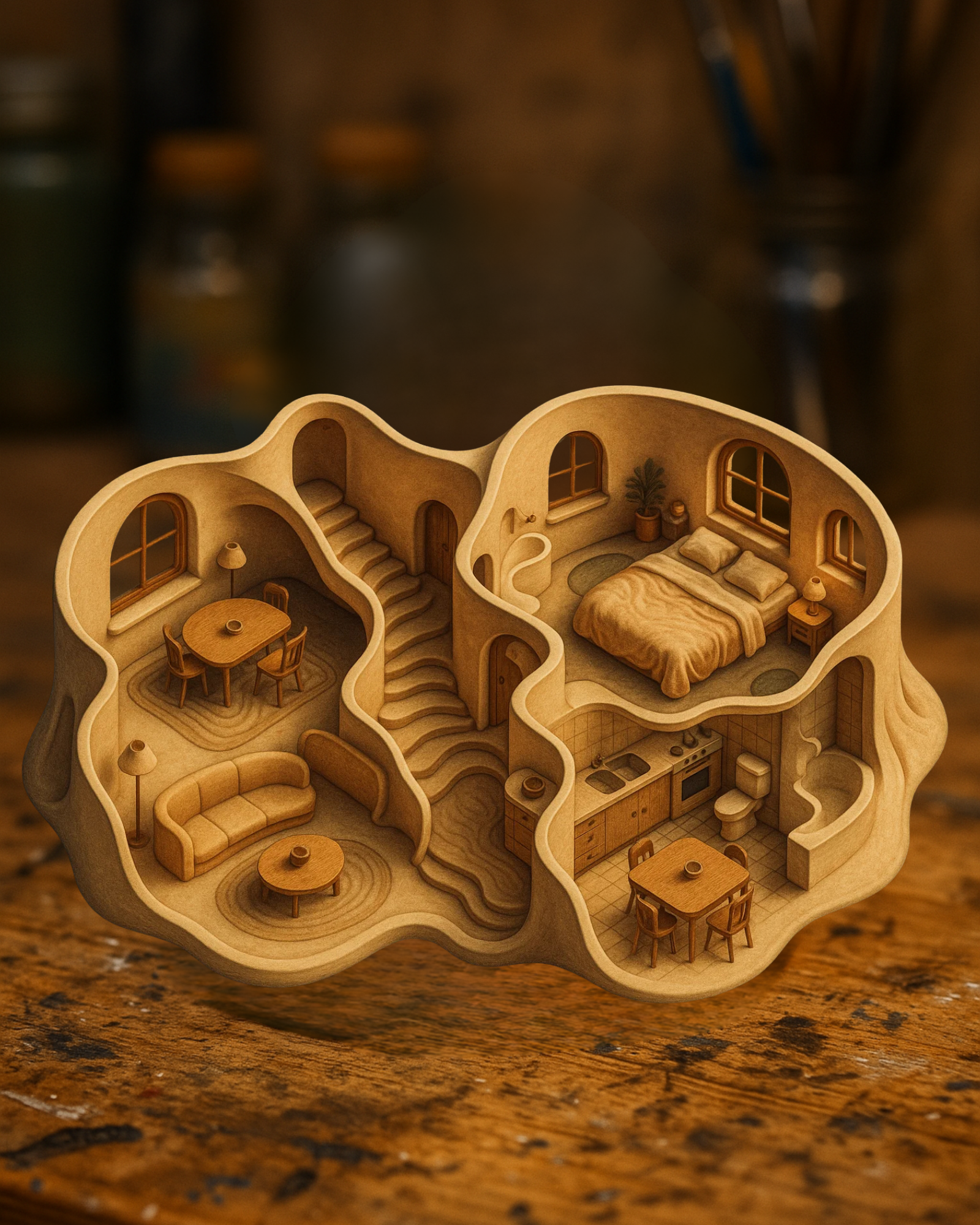 Organic Dollhouse Diorama – Sculptural Interior with Flowing Architecture