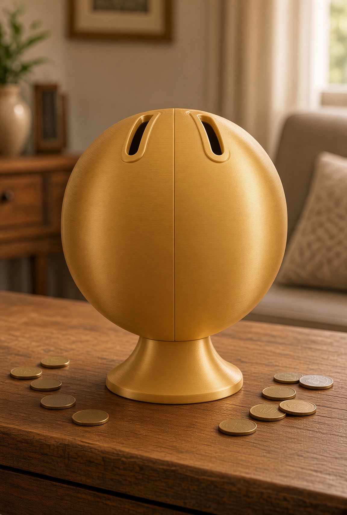 Dual-Slot Spherical Money Box – Coins + Notes with Hidden Internal Access