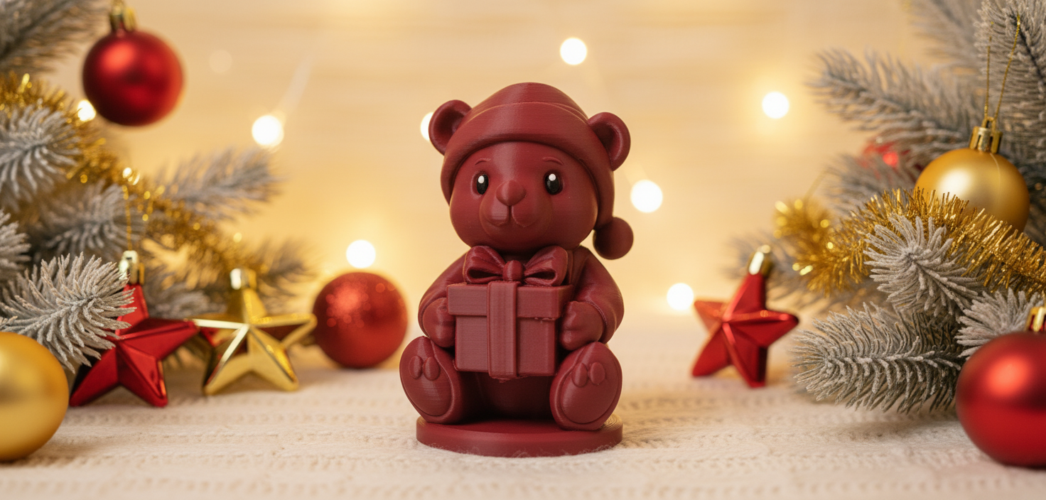 Sitting Teddy Bear with Gift Box Christmas Figure