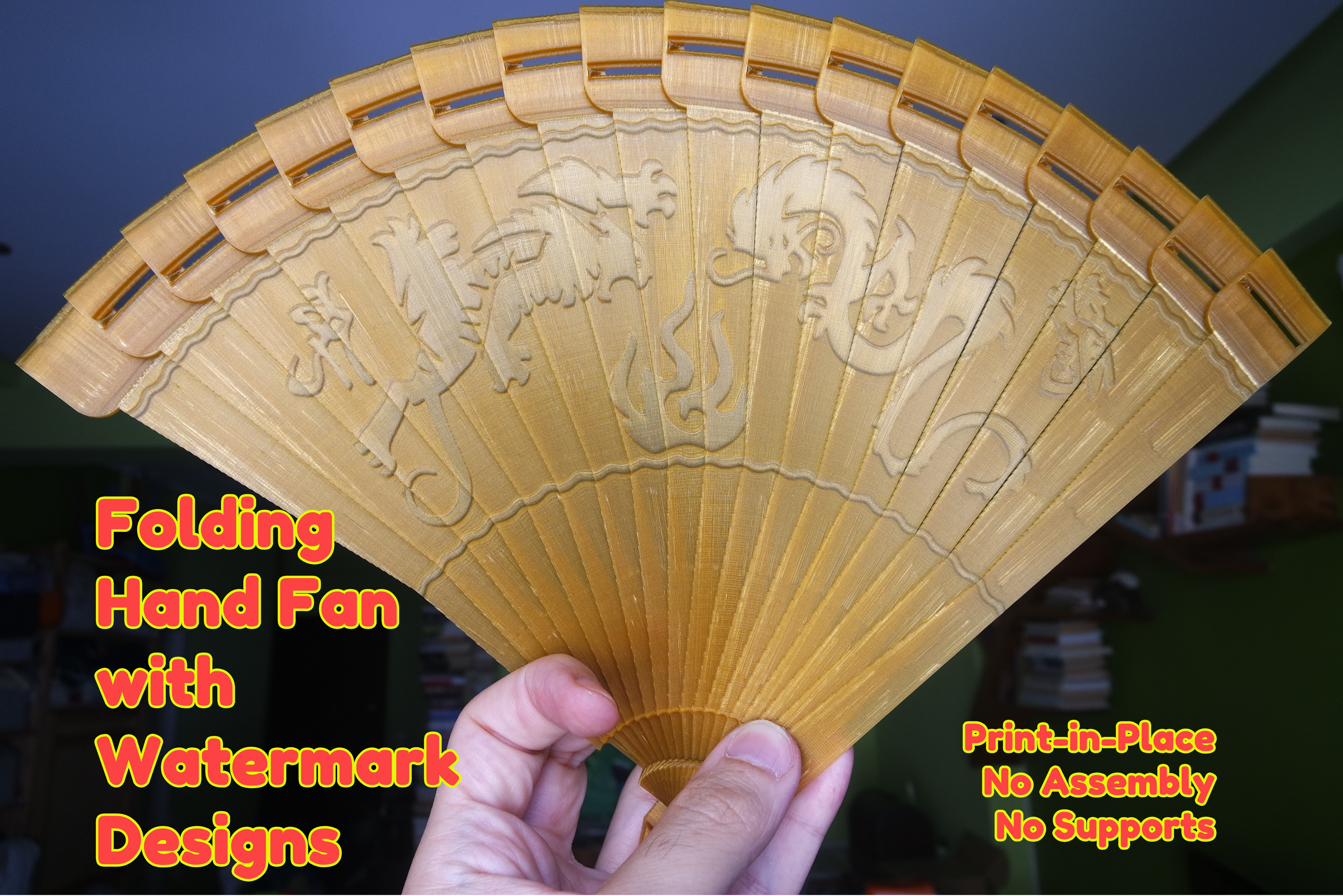 Folding Hand Fan with Watermark Designs - Print-in-Place - No Assembly - No Supports