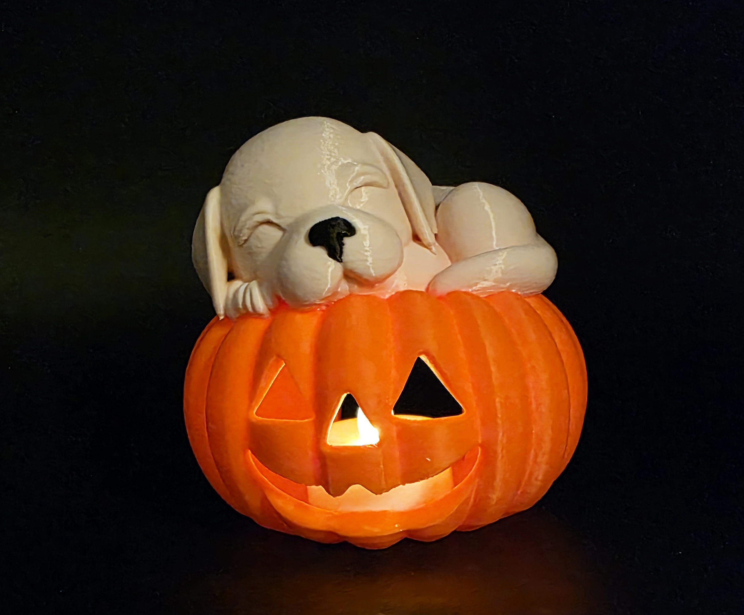 Puppy on Jack-o-Lantern LED Tea Light Holder