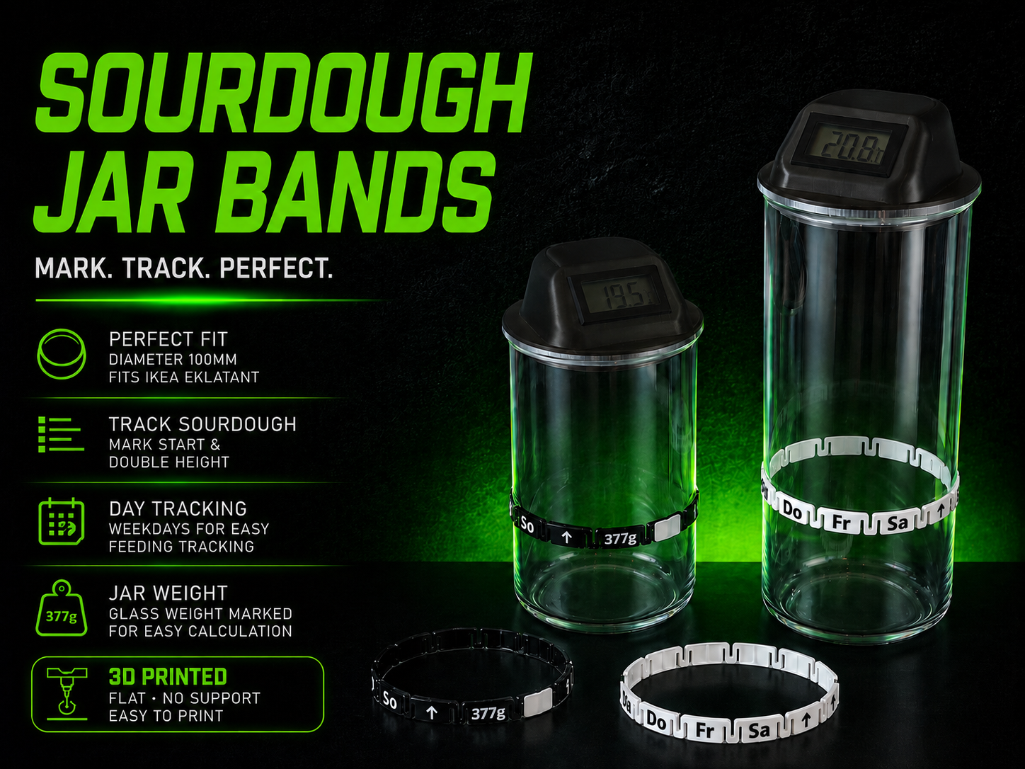 Sourdough Jar Bands for IKEA EKLATANT 100mm – Starter Height Marker & Feeding Tracker