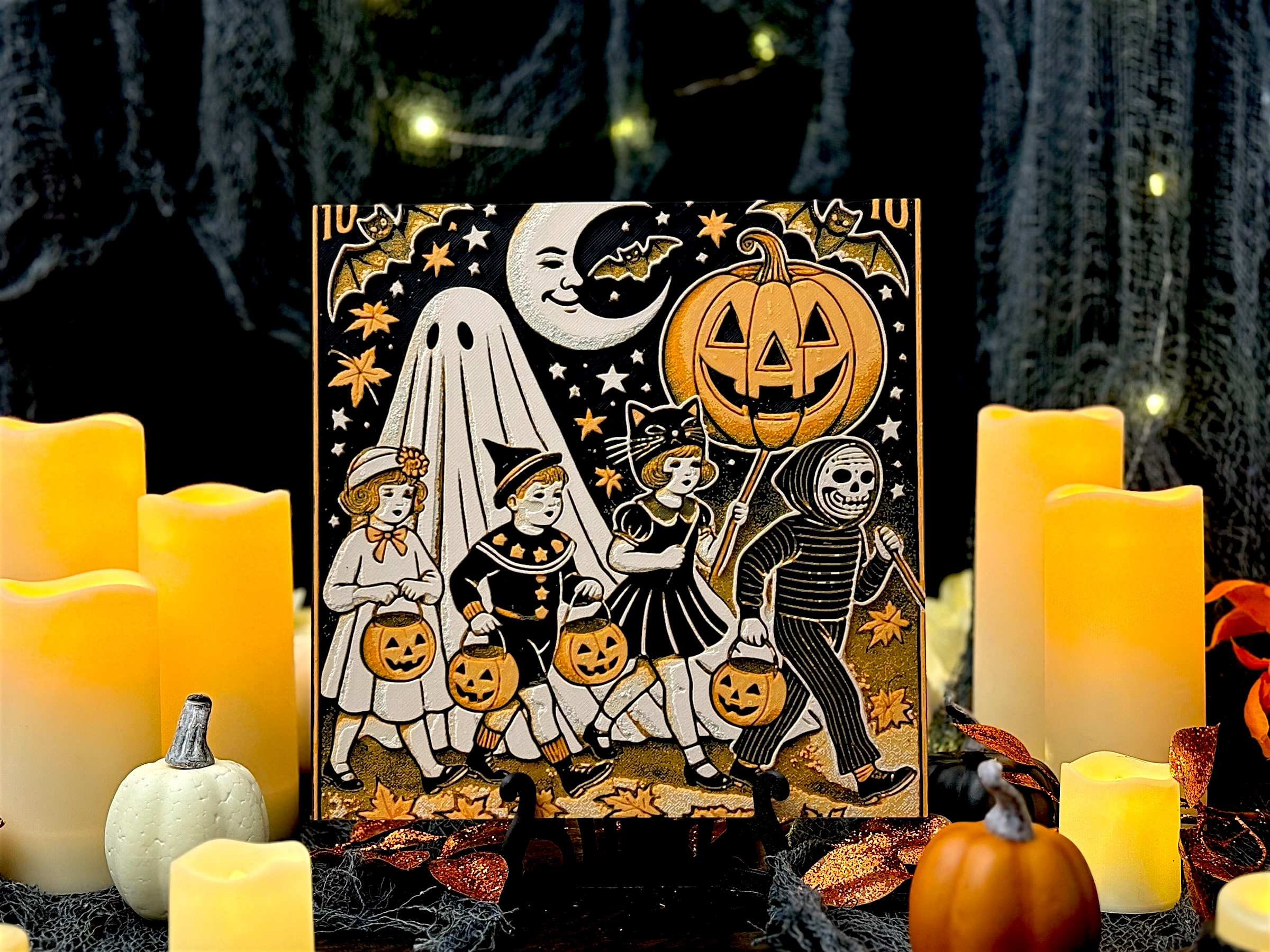 “Trick-or-Treat Parade” – Vintage Halloween Group Hueforge Art Piece