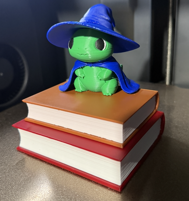 cute wizard dino with hat sitting on books