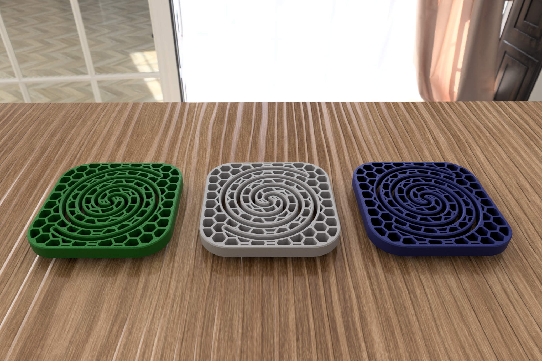 Coaster with spiral and hexagon pattern