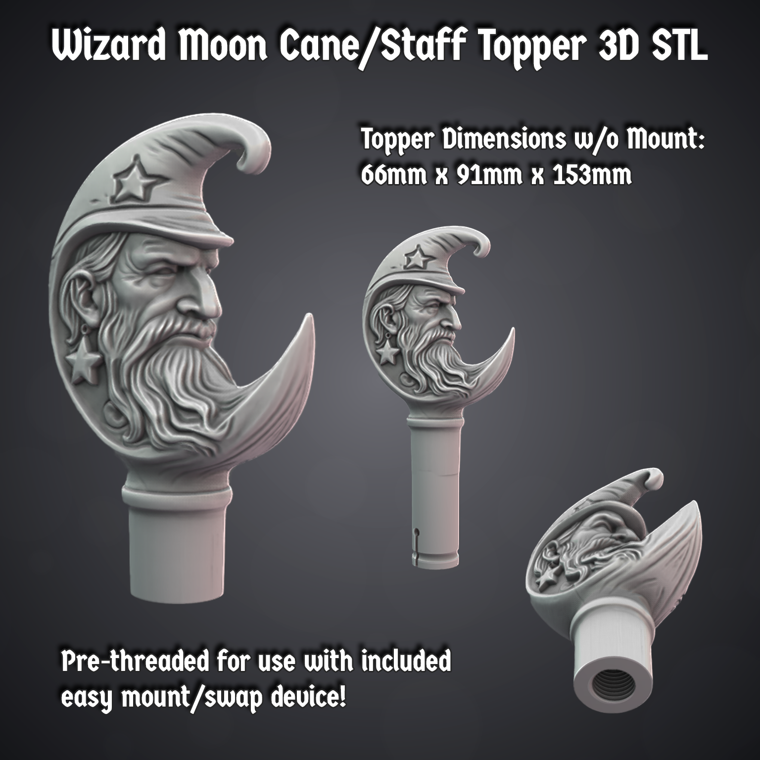 Wizard Moon Staff Topper – Magical Crescent Cane Finial STL