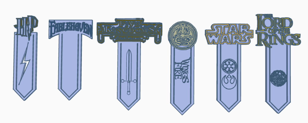 Harry Potter, Fablehaven, Five kingdoms, Wings of Fire, Star Wars, and Lord of the Rings bookmarks