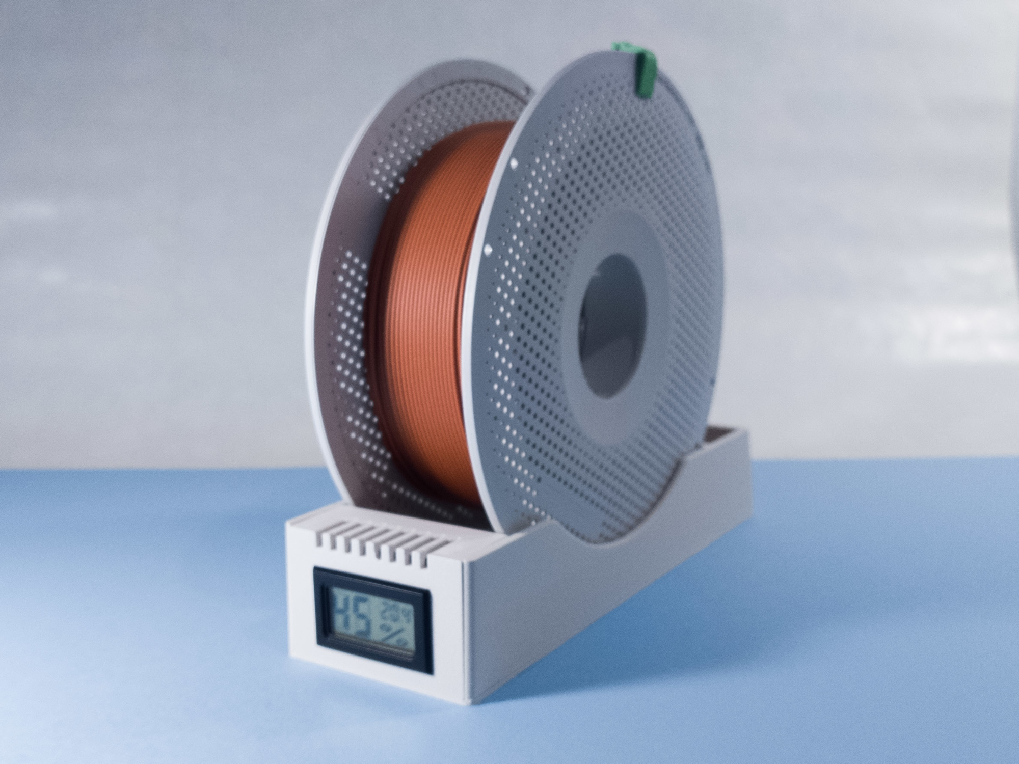 Filament spool holder with thermometer hygrometer