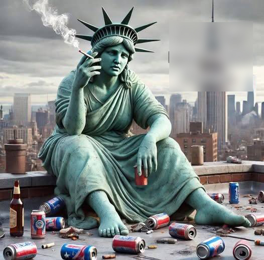 Statue of Liberty says "Fug it"