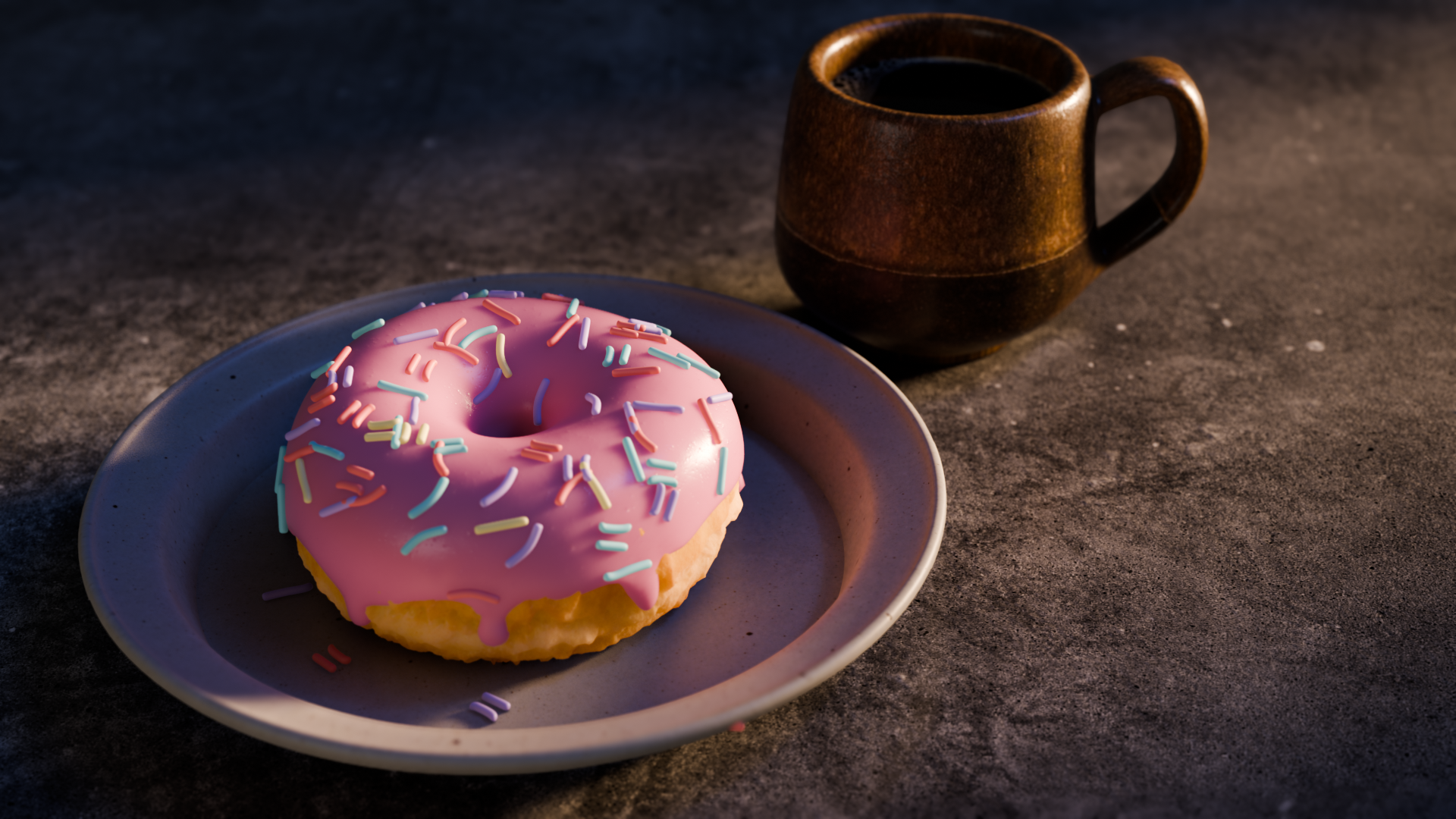 A donut and a cup with coffee made in blender