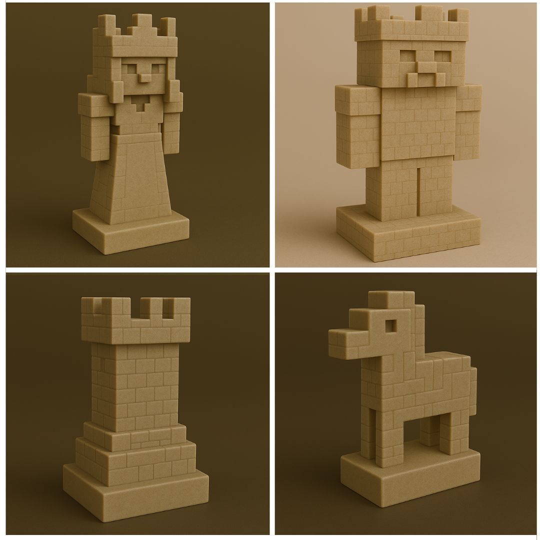 Minecraft Inspired 3D Printable Chess Set with Board and Pixel Characters