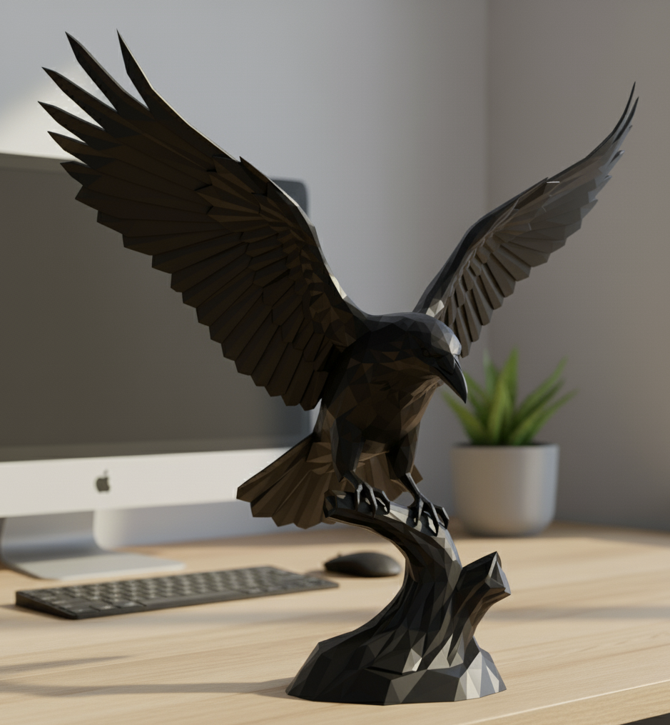Beauty low-poly raven statue