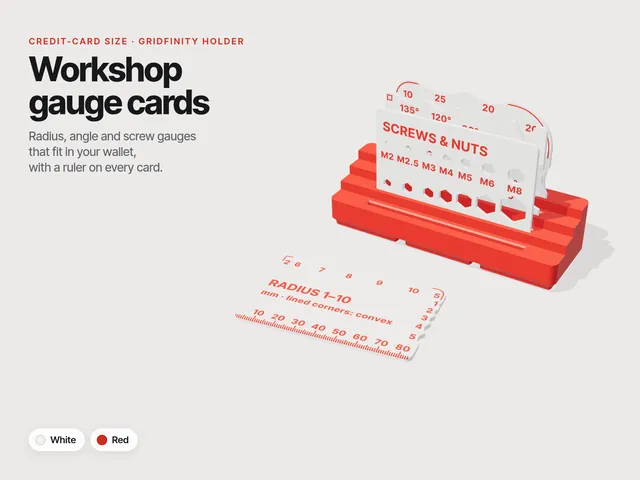 Wallet Workshop Gauges: Radius, Angle & Screw Cards (Multicolour, Gridfinity Holder)