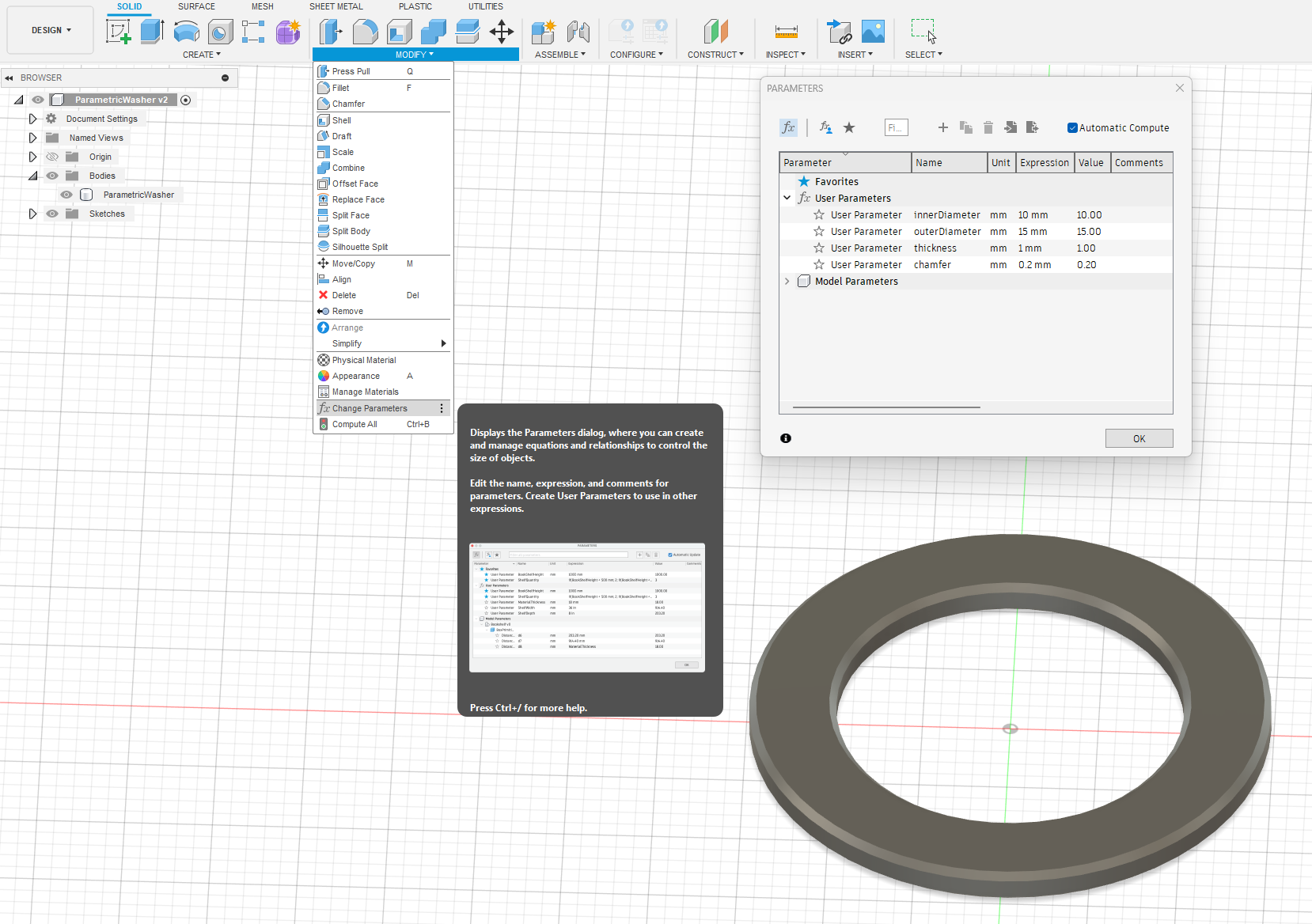 Parametric washer - Fusion360 — miniatura 3