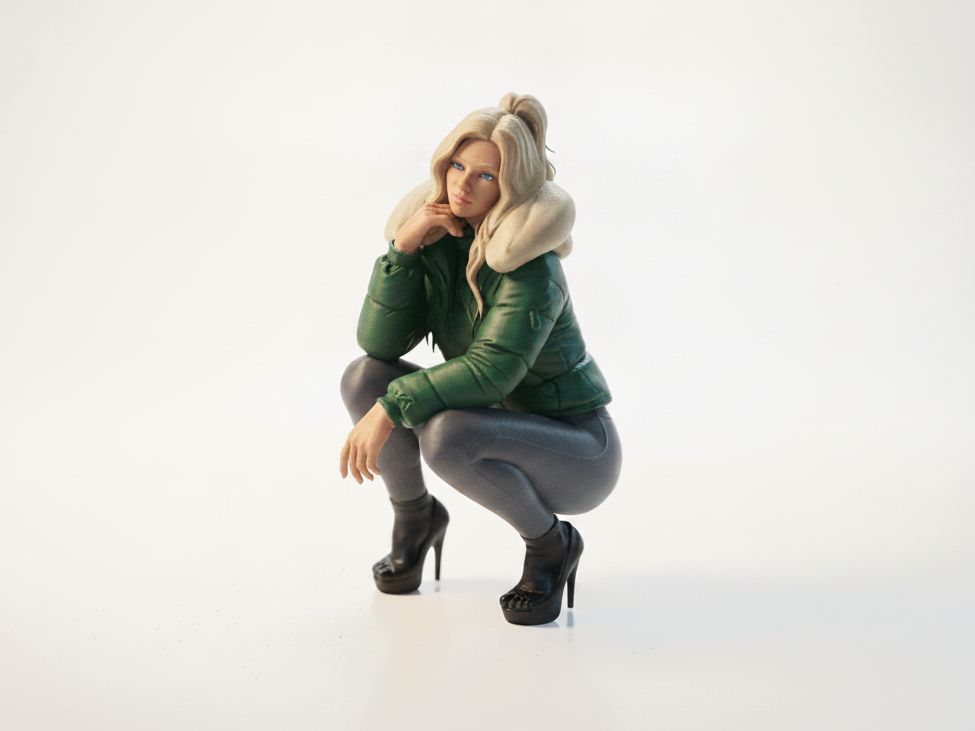 Winter Outfit Lady Squatting Female Figure 3D Printable