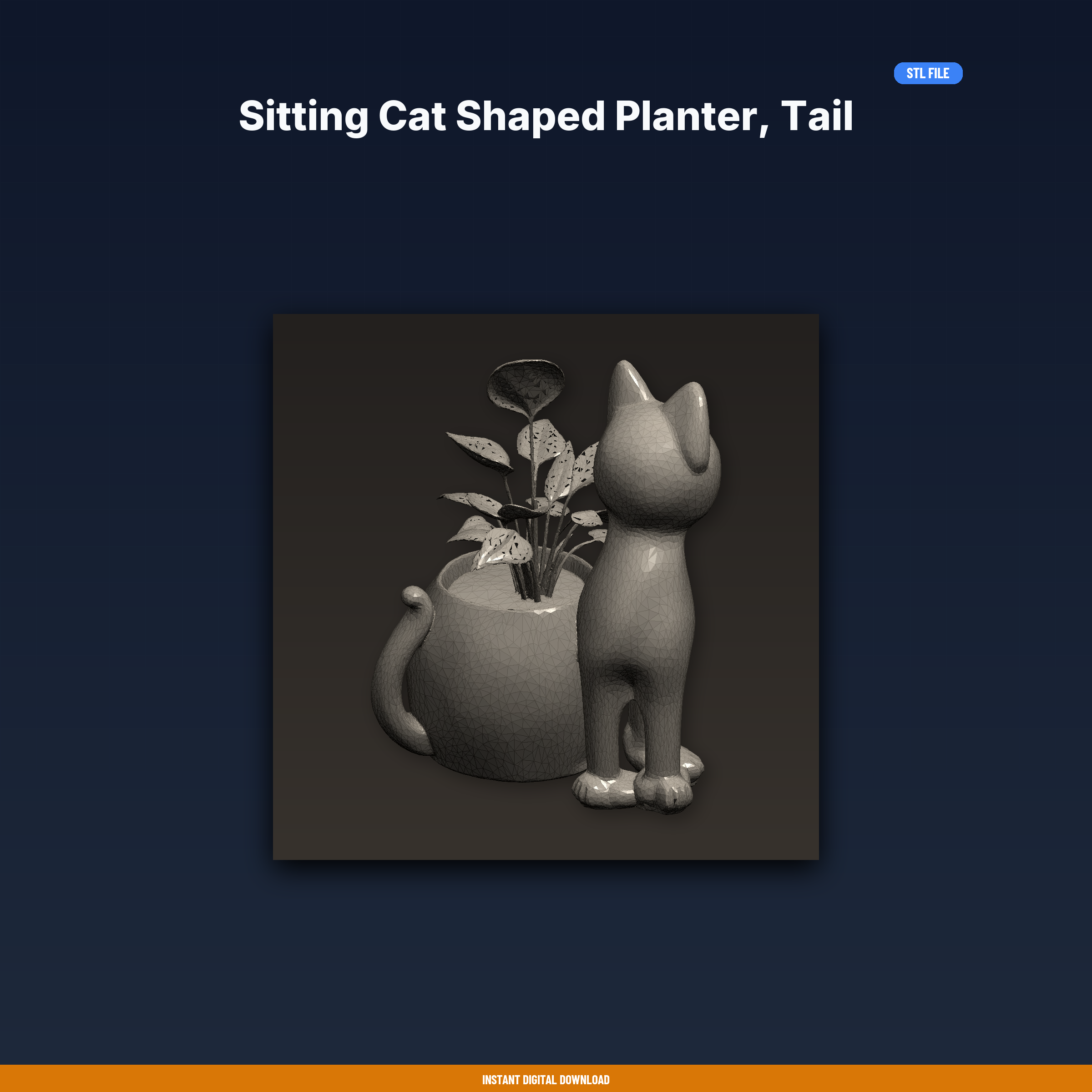 Sitting Cat Shaped Planter, Tail Curled, Plant Grows From Back, - 3D Printable STL File