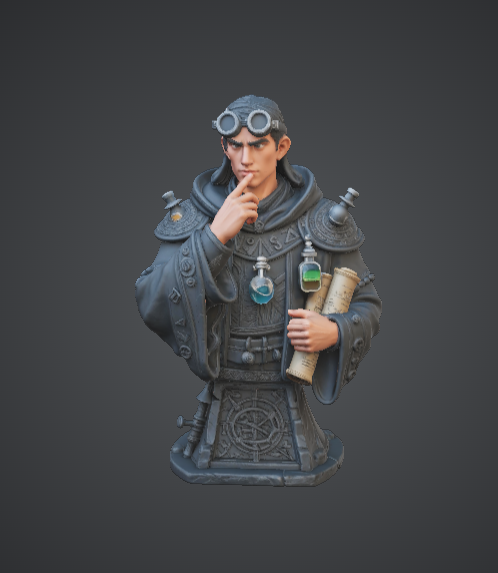 Arcane Alchemist Bust – Fantasy Potion Master with Goggles