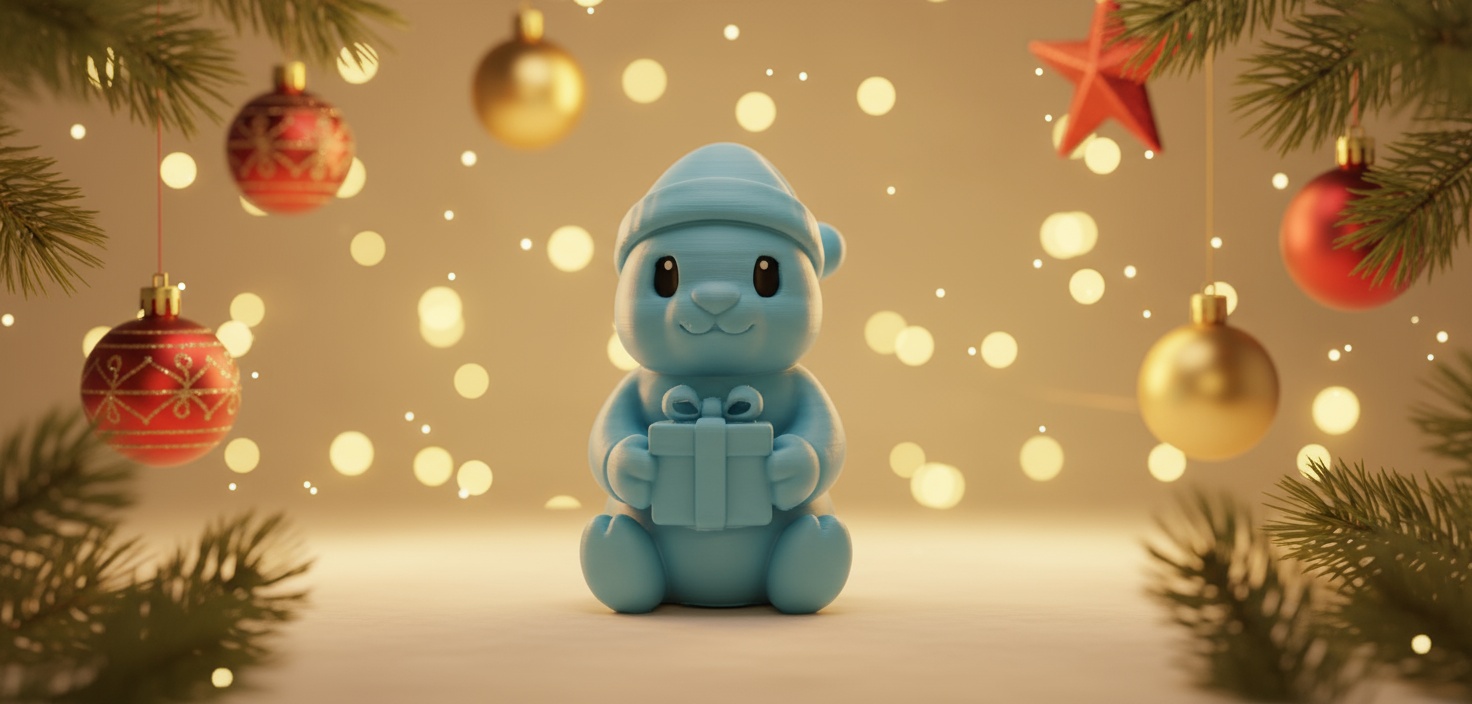 Bunny with Gift Box and Hat Christmas Figure