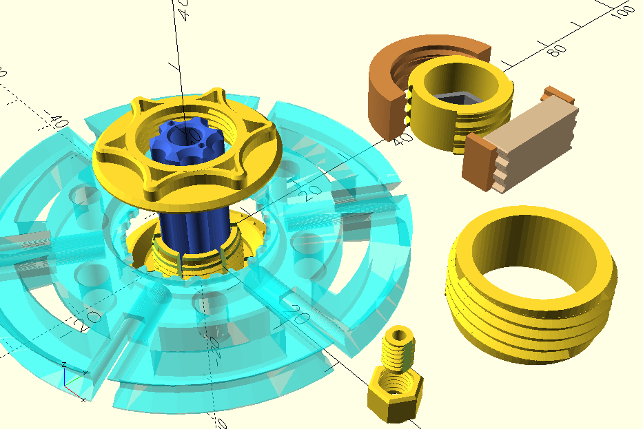 OpenSCAD: Gewinde, Drehverschluss, Schraubnabe für fischertechnik (v25)