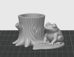 Frog sitting on a leaf next to a hollow tree stump - desk organizer / Pen Holder / Box / decoration decor
