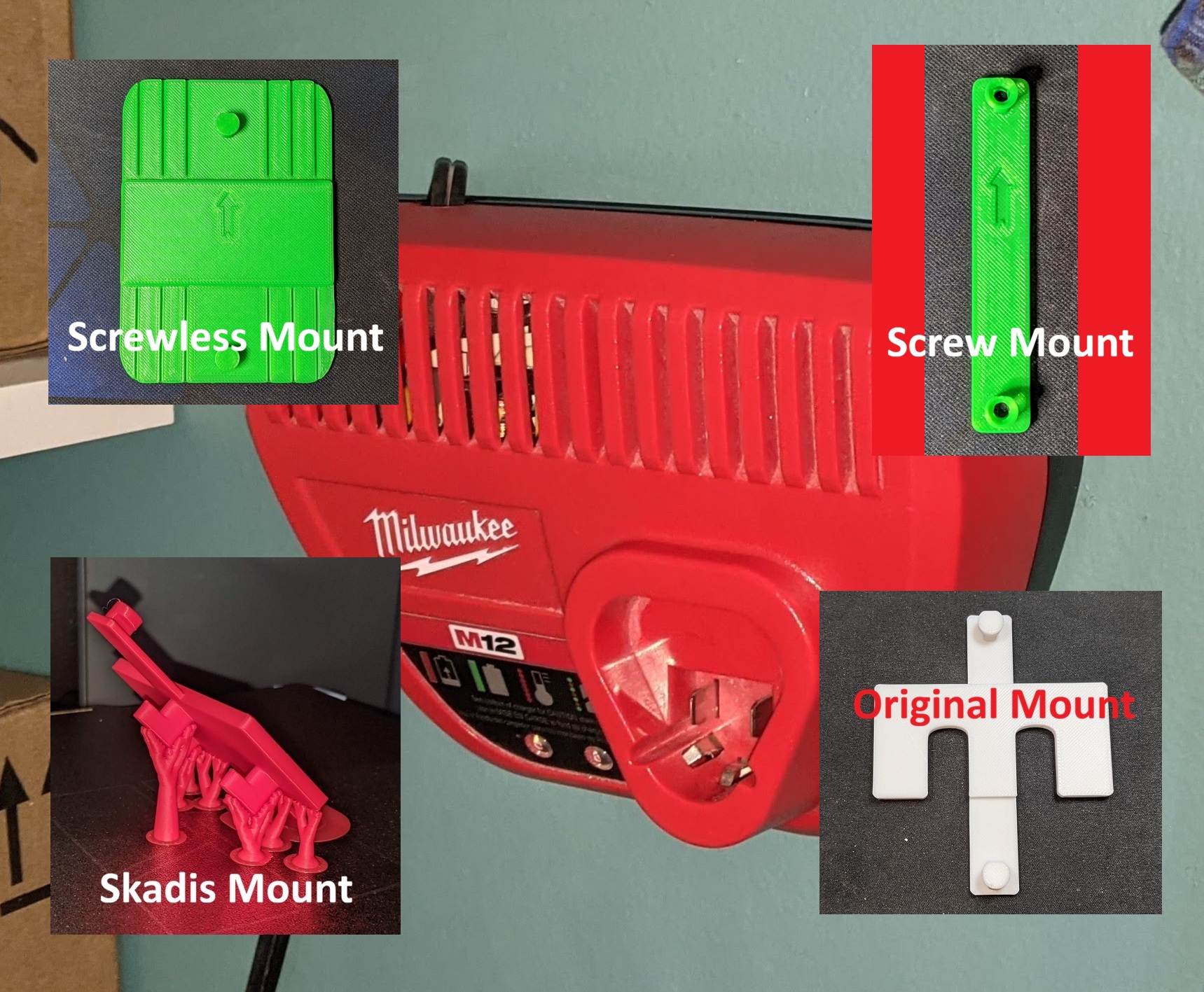 Milwaukee M12 Charger 12V Wallmounts Damage Free, Skadis, Screwless option