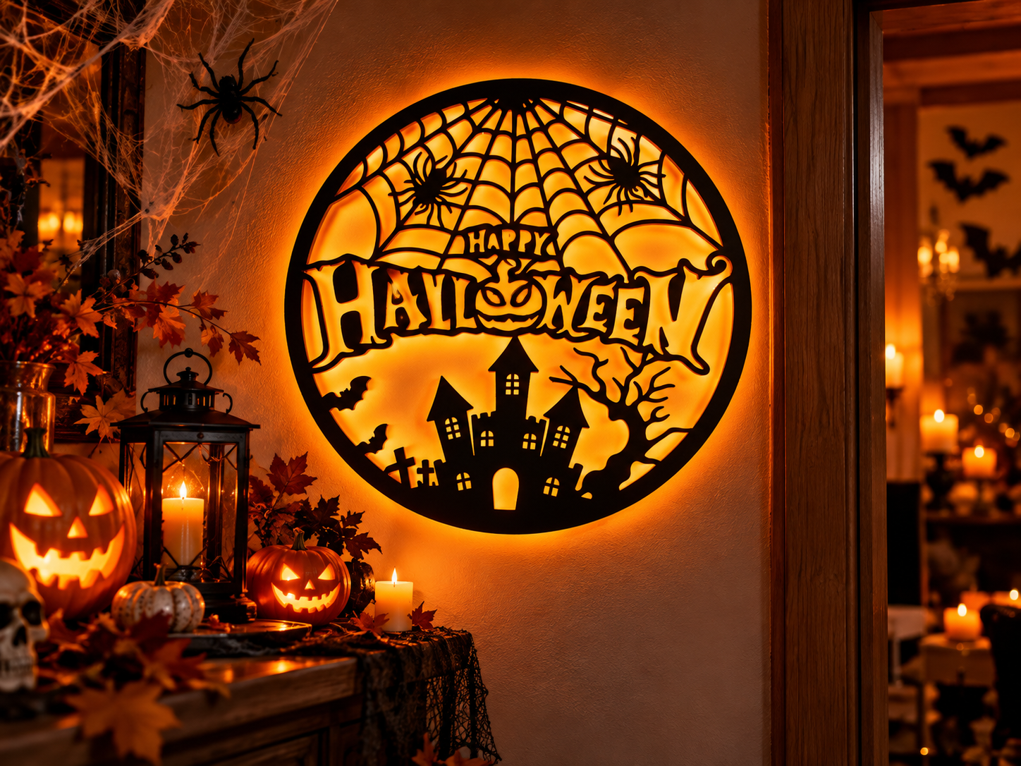 Halloween Haunted House Wall Art – Spider Web, Bats & Spooky Scene
