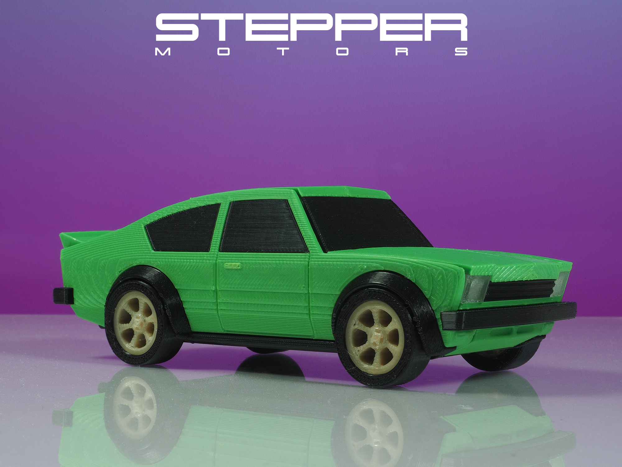 Stepper Motors 70's 4 cyl race day Euro fastback toy car - multi-part - no supports - easy print