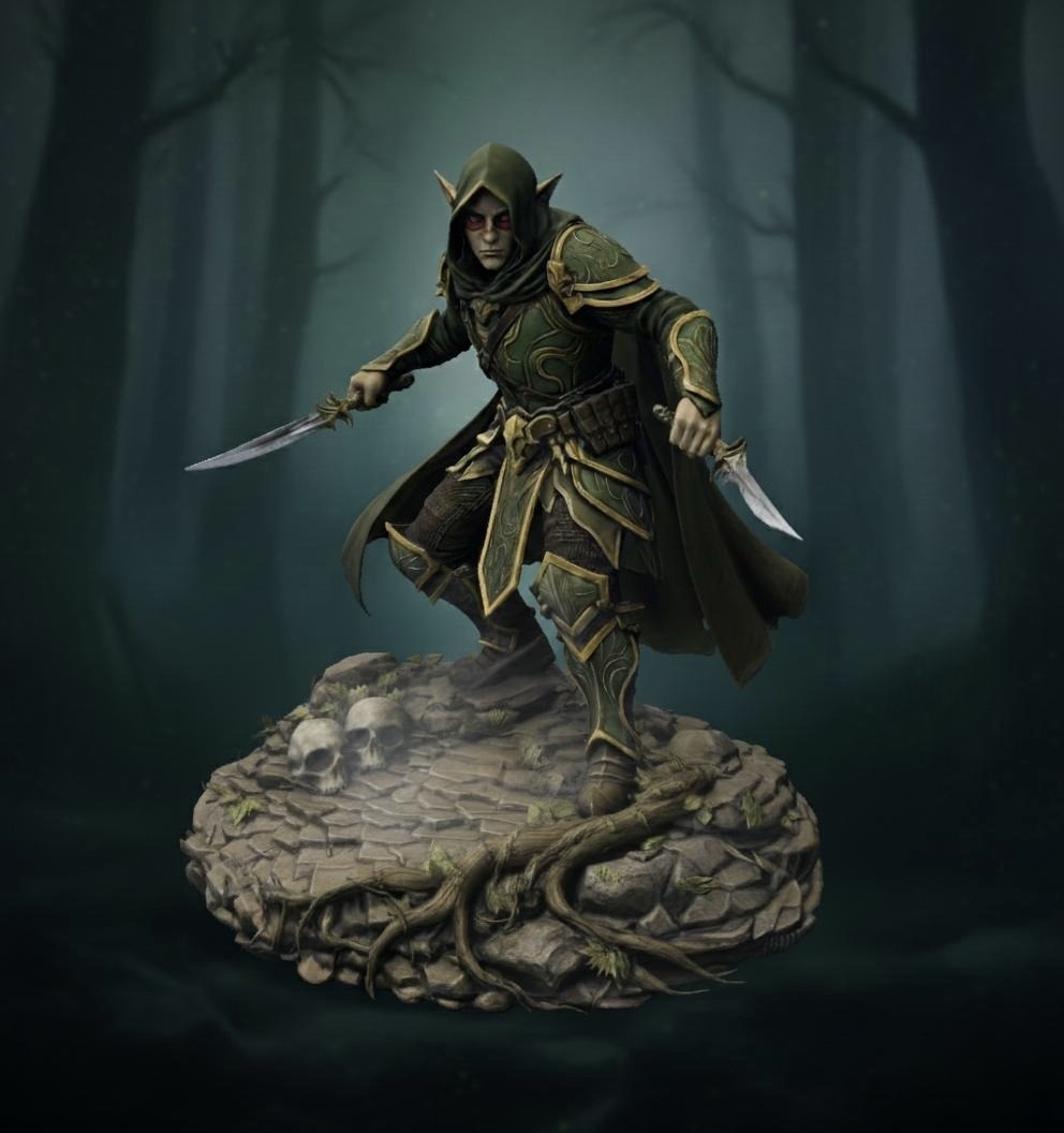 Bloodbound Realms – Elf – Shadowblade Rogue, Whisper of the Veiled Grove (Dark Fantasy 3D Printable Miniature STL)