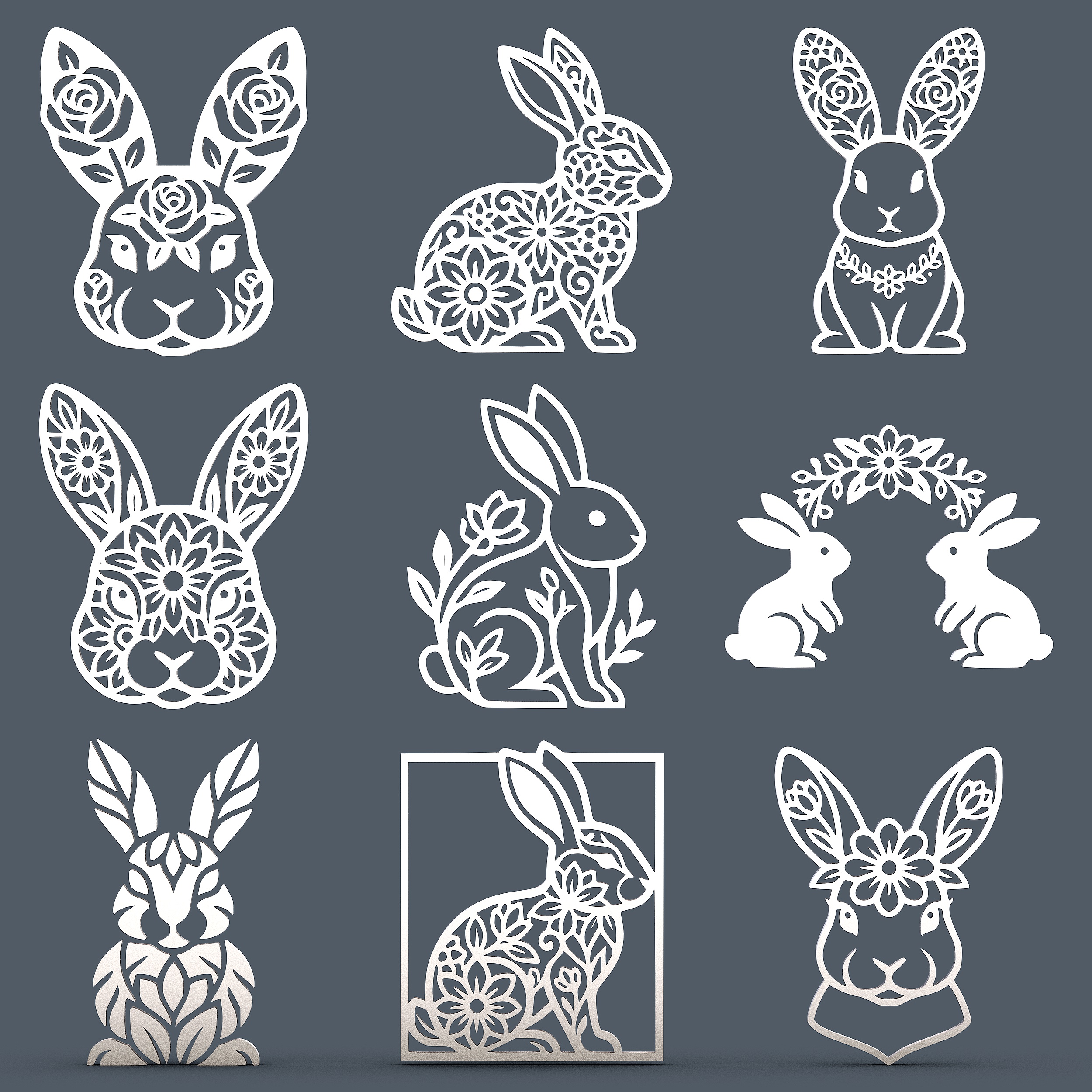 Floral Easter Bunny Pack – 9 Decorative Rabbit Relief Designs for CNC / Laser / 3D Print