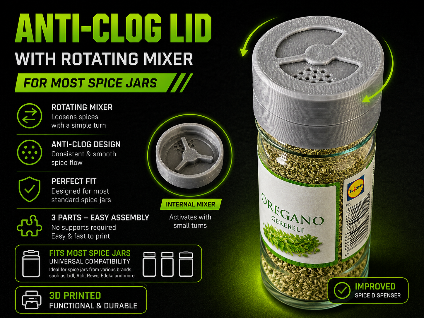 Spice Jar Anti-Clog Lid with Rotating Mixer - Improved Spice Dispenser Cap